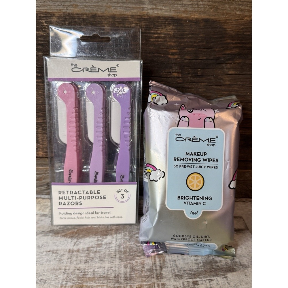The Crème Shop Retractable Multi-Purpose Razors 3ct + Vit C Makeup Remover Wipes